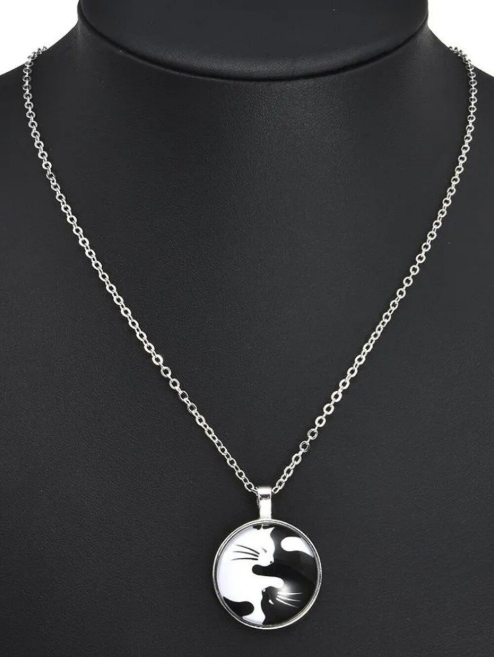 New glass cabachon yin yang Black and White cat necklace